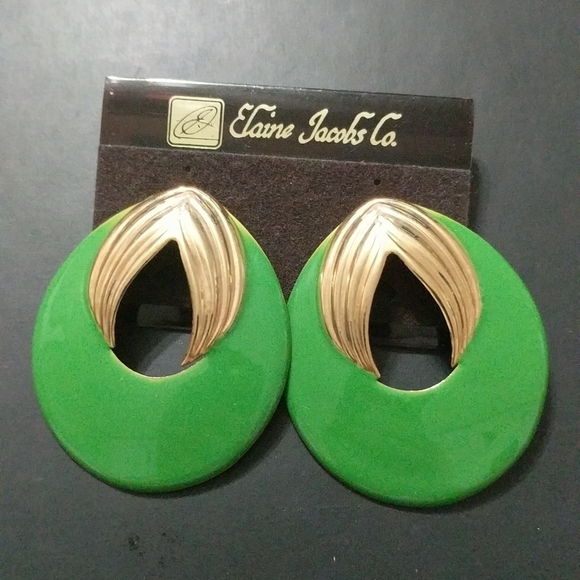 Vintage Elaine Jacobs Green and Gold Tone Large Teardrop Earrings - Picture 1 of 1